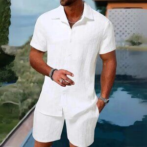Men's White Collared Neck Short Sleeve Top & Shorts Resort Outfit